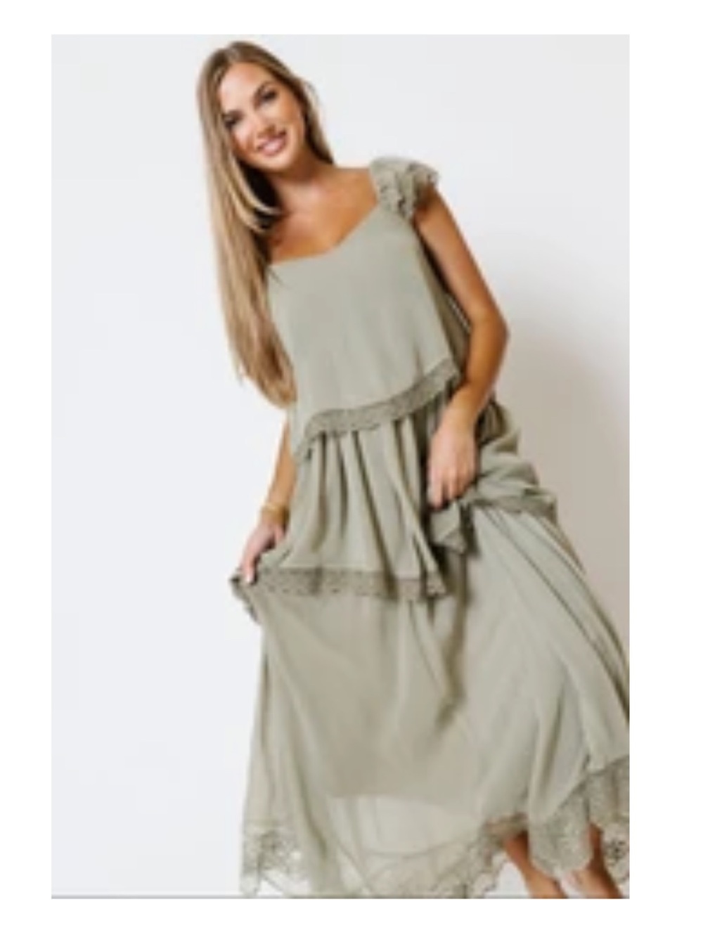 Maxi Tiered Sage Green Lace-Trim Dress